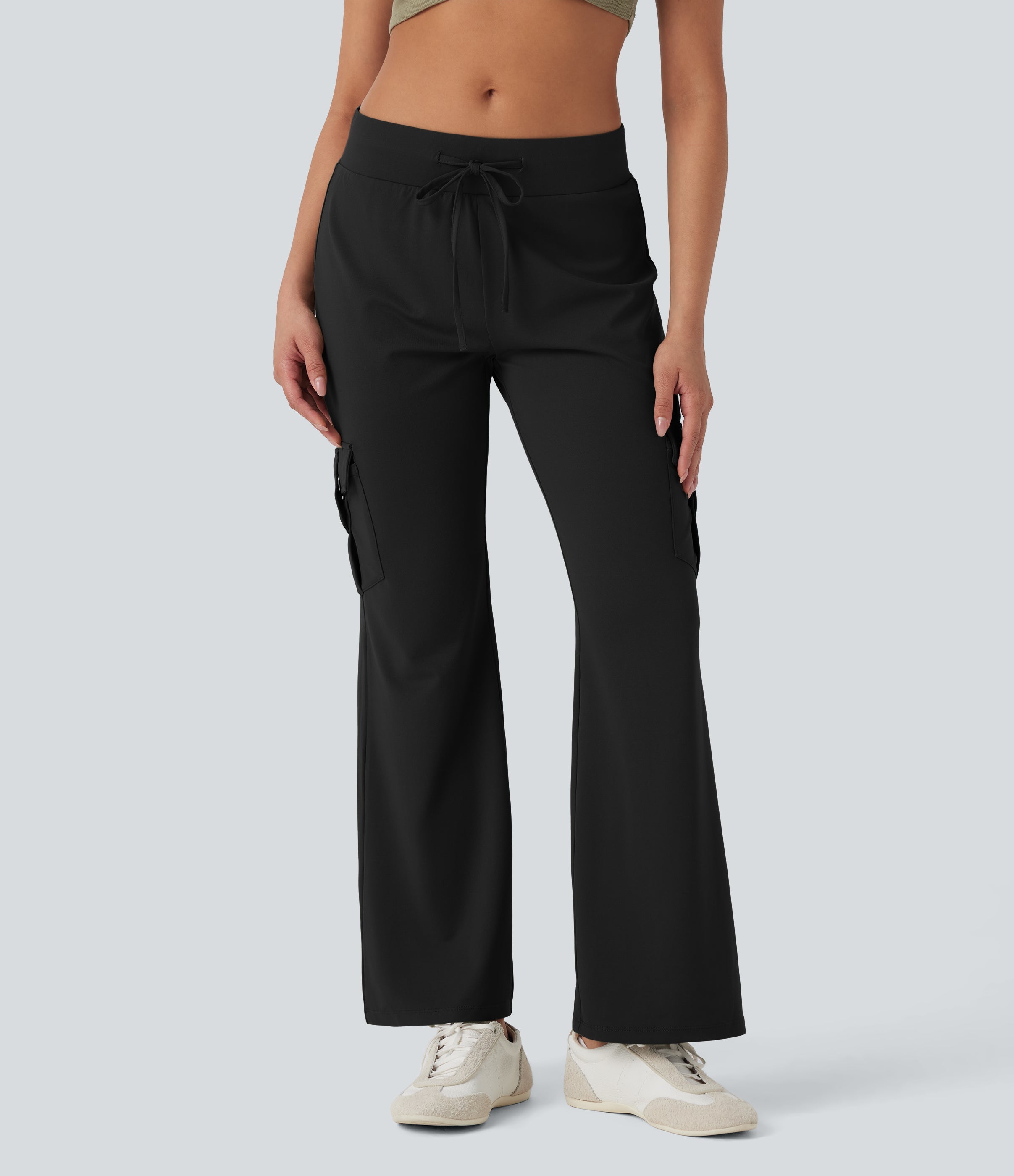 Low Rise Drawstring Casual Bootcut Cargo Pants with Pockets
