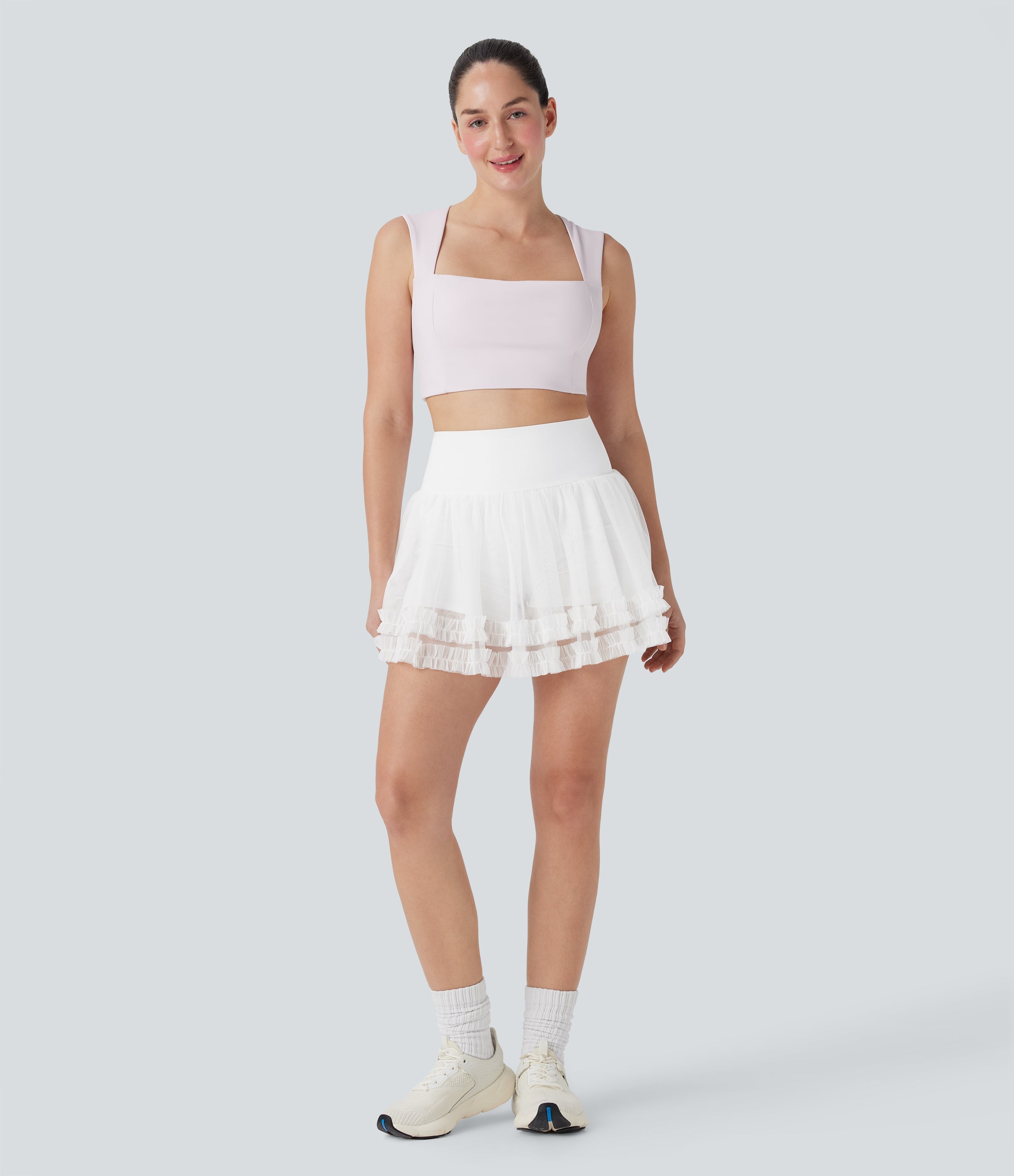 SoCinched High Waisted Tummy Control Contrast Mesh 2-in-1 Mini Dance Skirt with Pockets