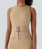 Sleeveless Keyhole-Back Belted Midi Work Dress