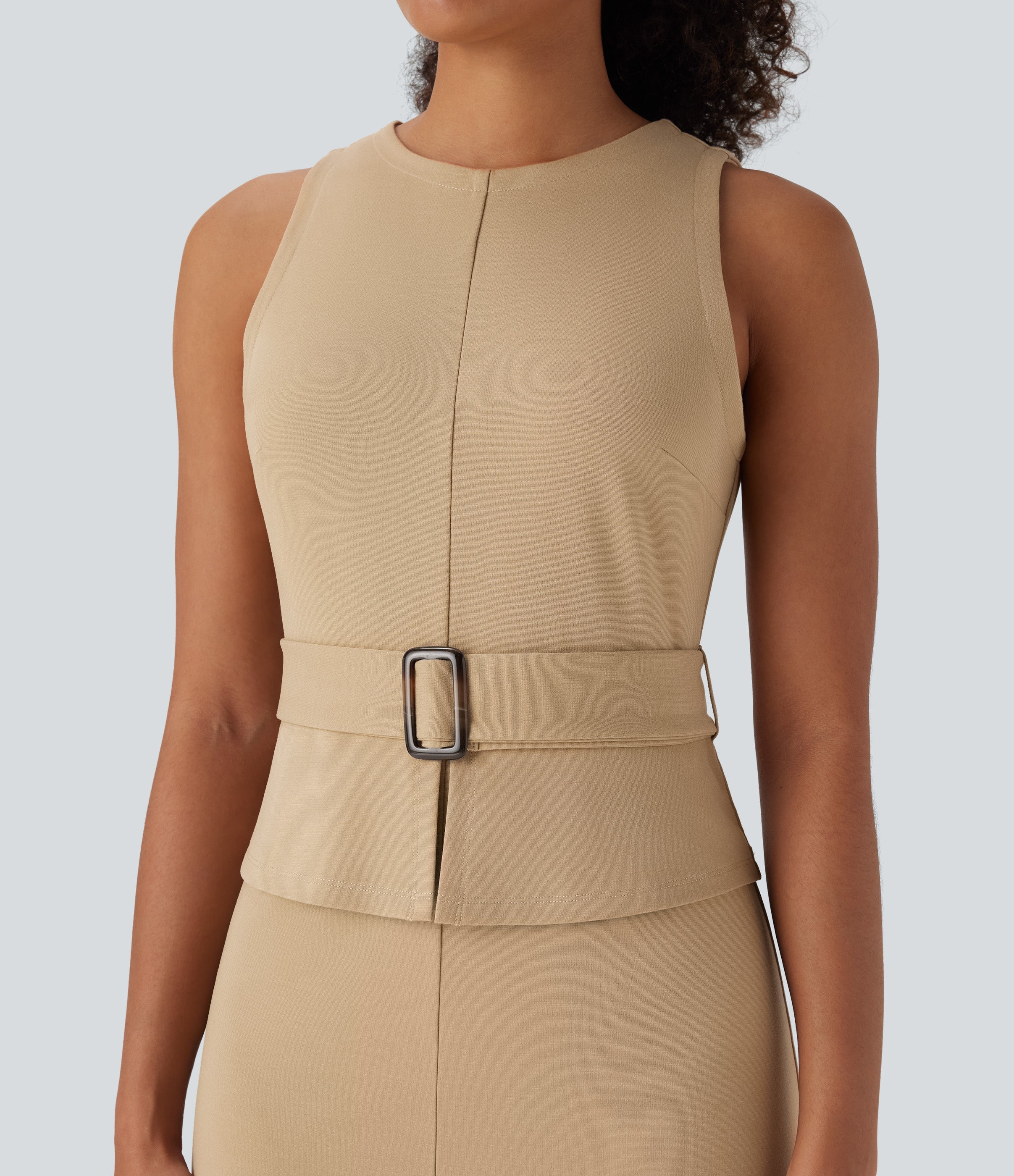 Sleeveless Keyhole-Back Belted Midi Work Dress