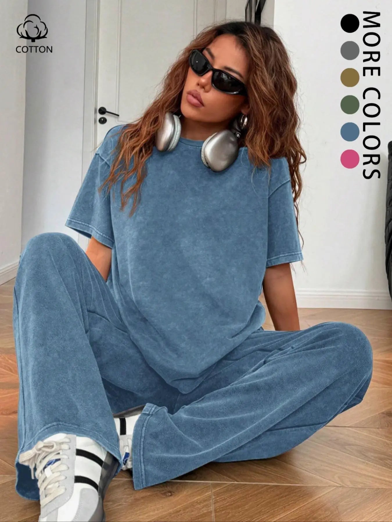 Women's Casual Loose Fit Acid Washed Cotton Short Sleeve T-Shirt and Long Pants Two-Piece Set, All Seasons, Plain Style