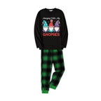 Christmas Family Matching Pajamas-Black Top and Green Plaid Pants Pjs Set with Gnome Family and Christmas Slogan Print