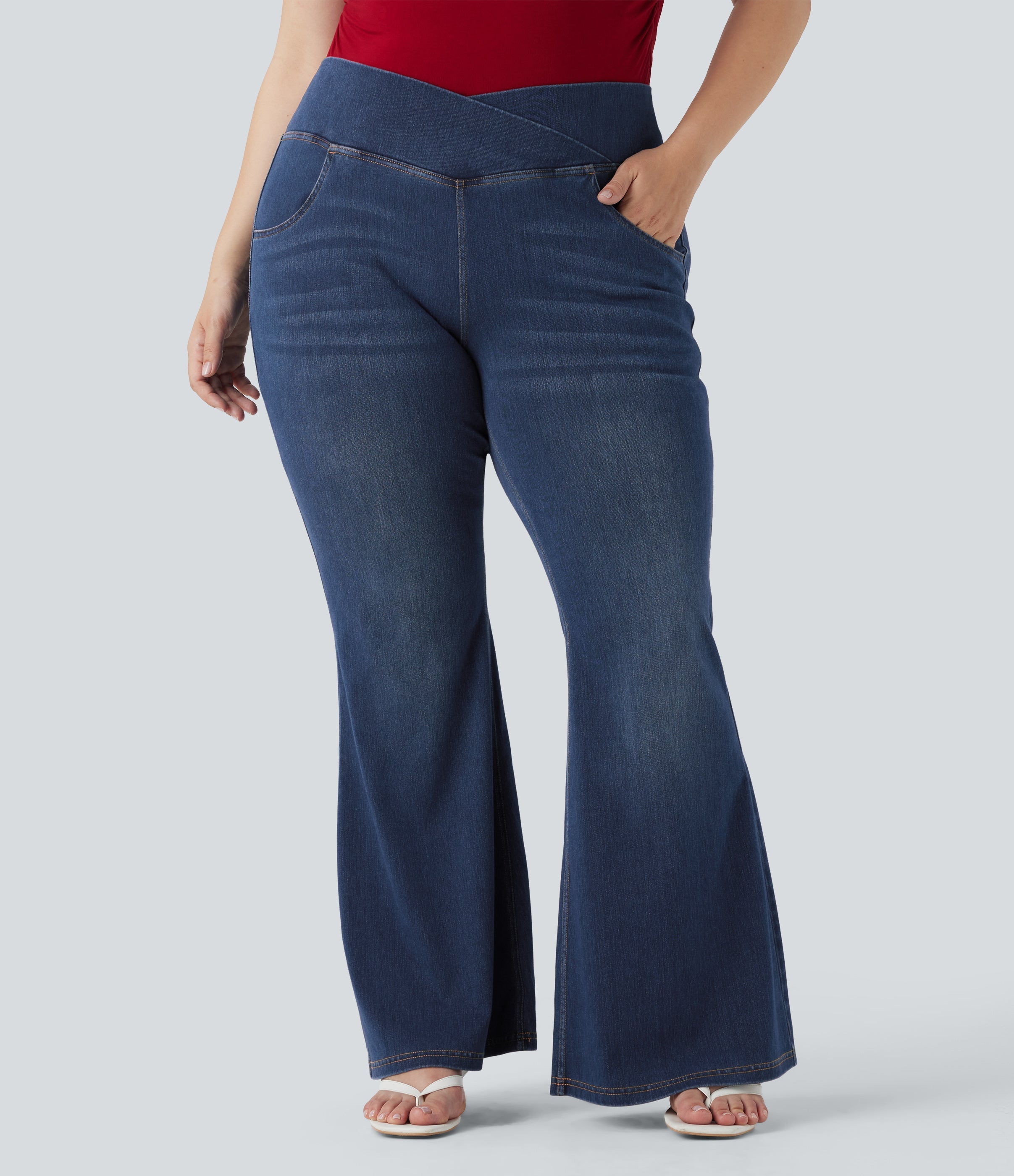Plus Size FlexTM High Waisted Crossover Washed Casual Flare Jeans with Pockets
