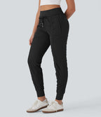 High Waisted Drawstring Tapered Travel Joggers with Side Zip Pockets