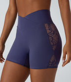 SoftlyZeroTM High Waisted Crossover Contrast Lace Built-in Underwear Yoga Biker Shorts 5'' with Pocket-UPF50+