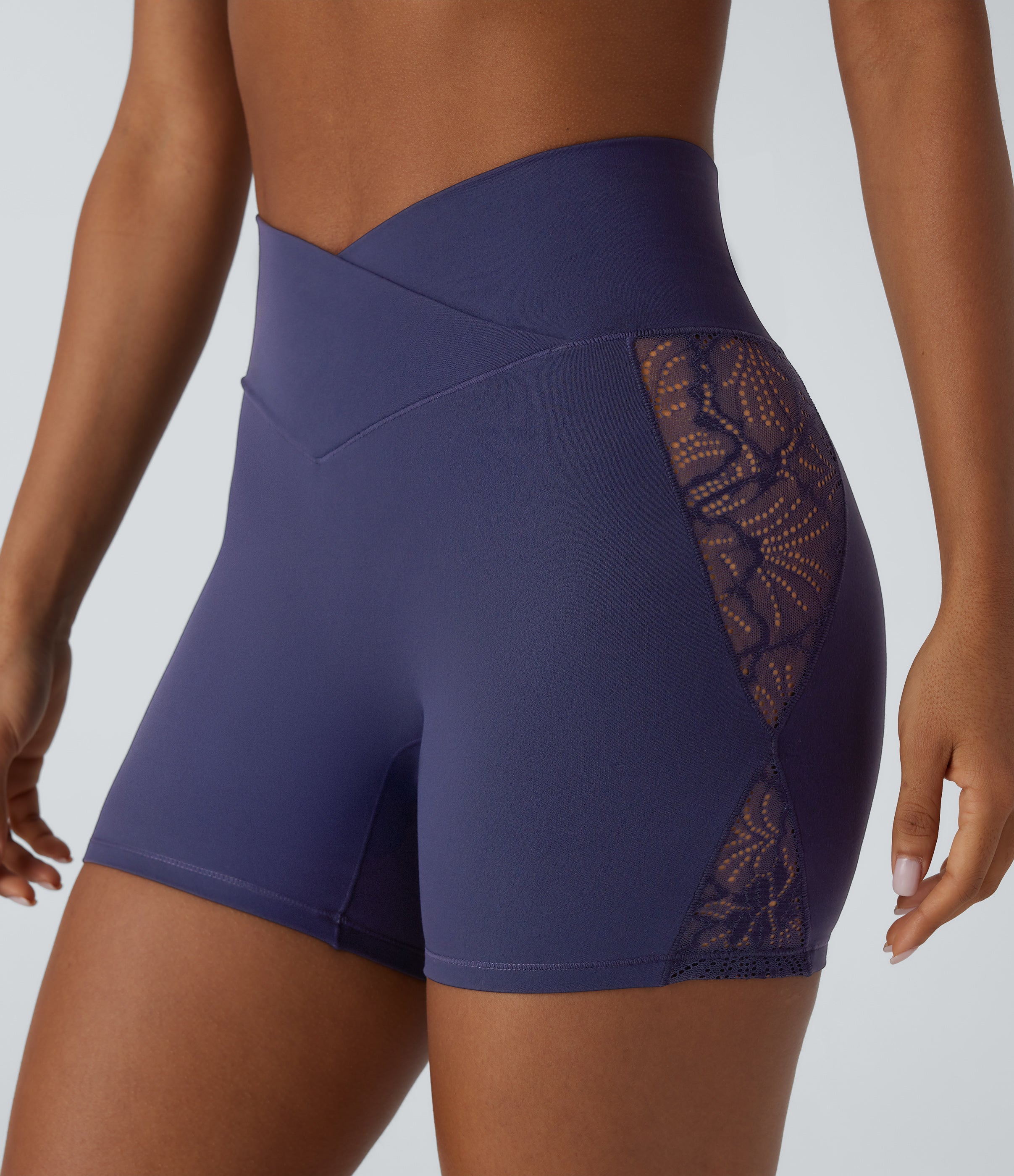SoftlyZeroTM High Waisted Crossover Contrast Lace Built-in Underwear Yoga Biker Shorts 5'' with Pocket-UPF50+