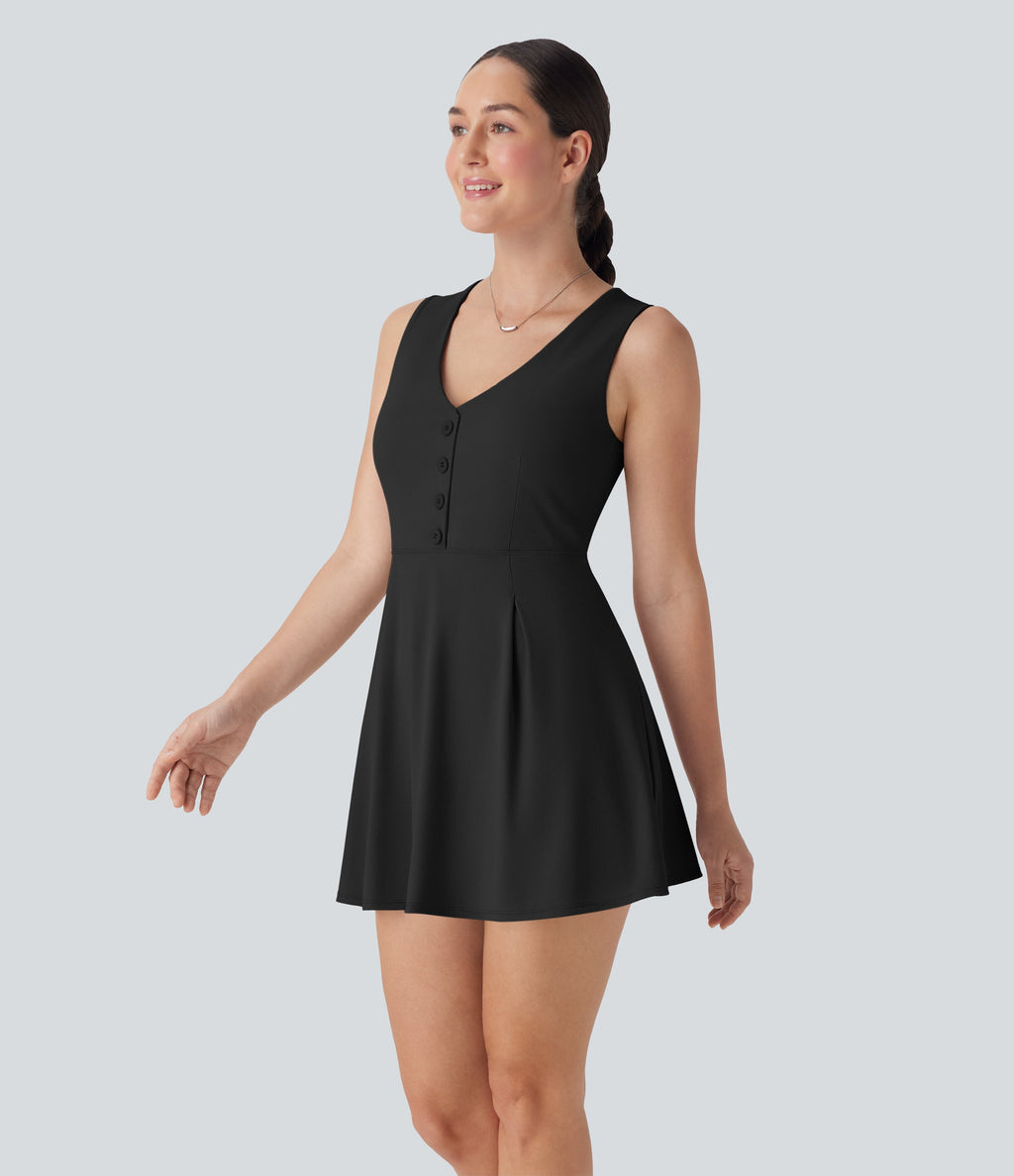 V Neck Sleeveless Decorative 2-Piece Mini Casual Dress with Pocket
