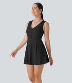 V Neck Sleeveless Decorative 2-Piece Mini Casual Dress with Pocket