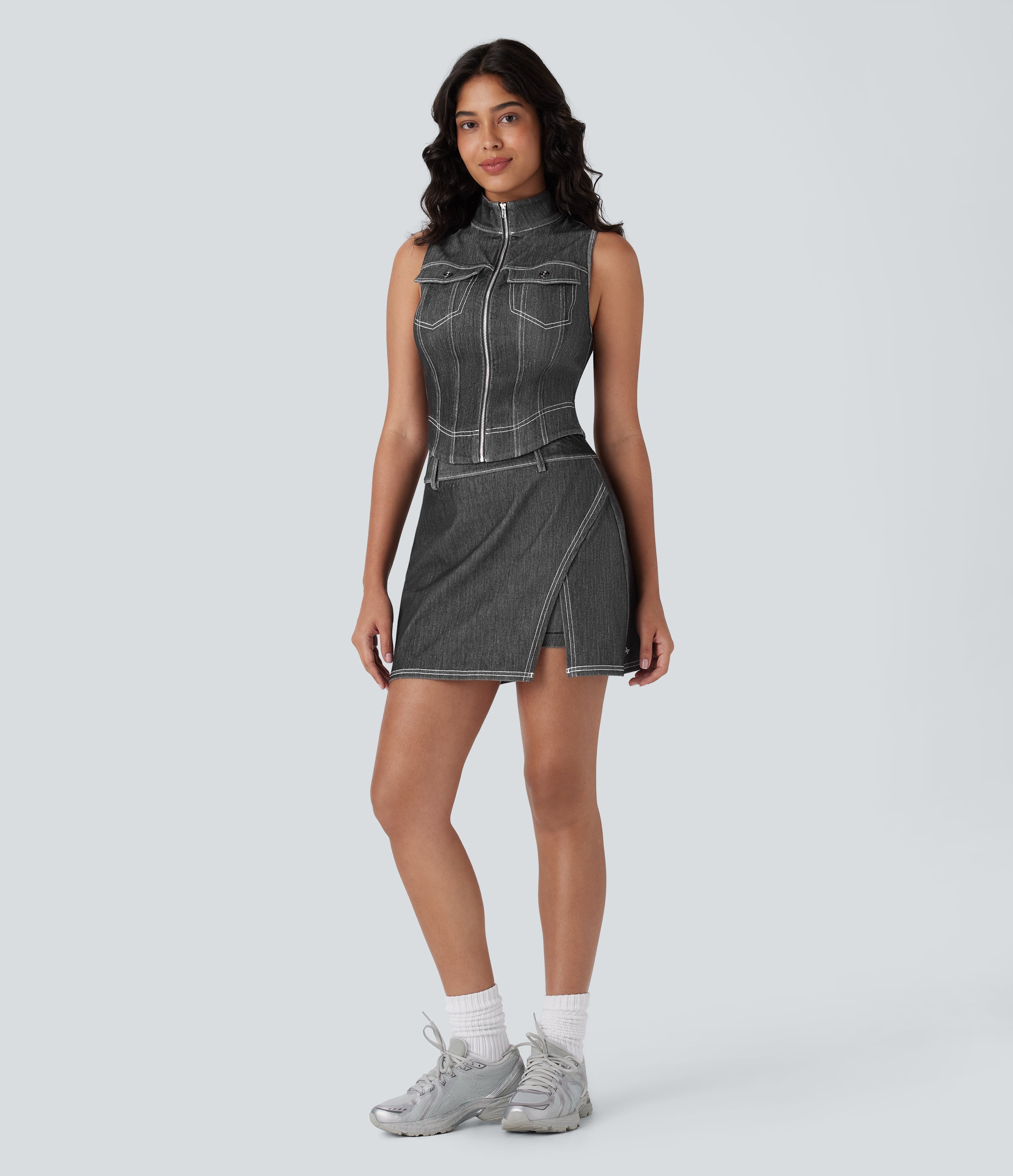 FlexTM Stand Collar Zipper Cool Touch Washed Denim Tennis Tank Top
