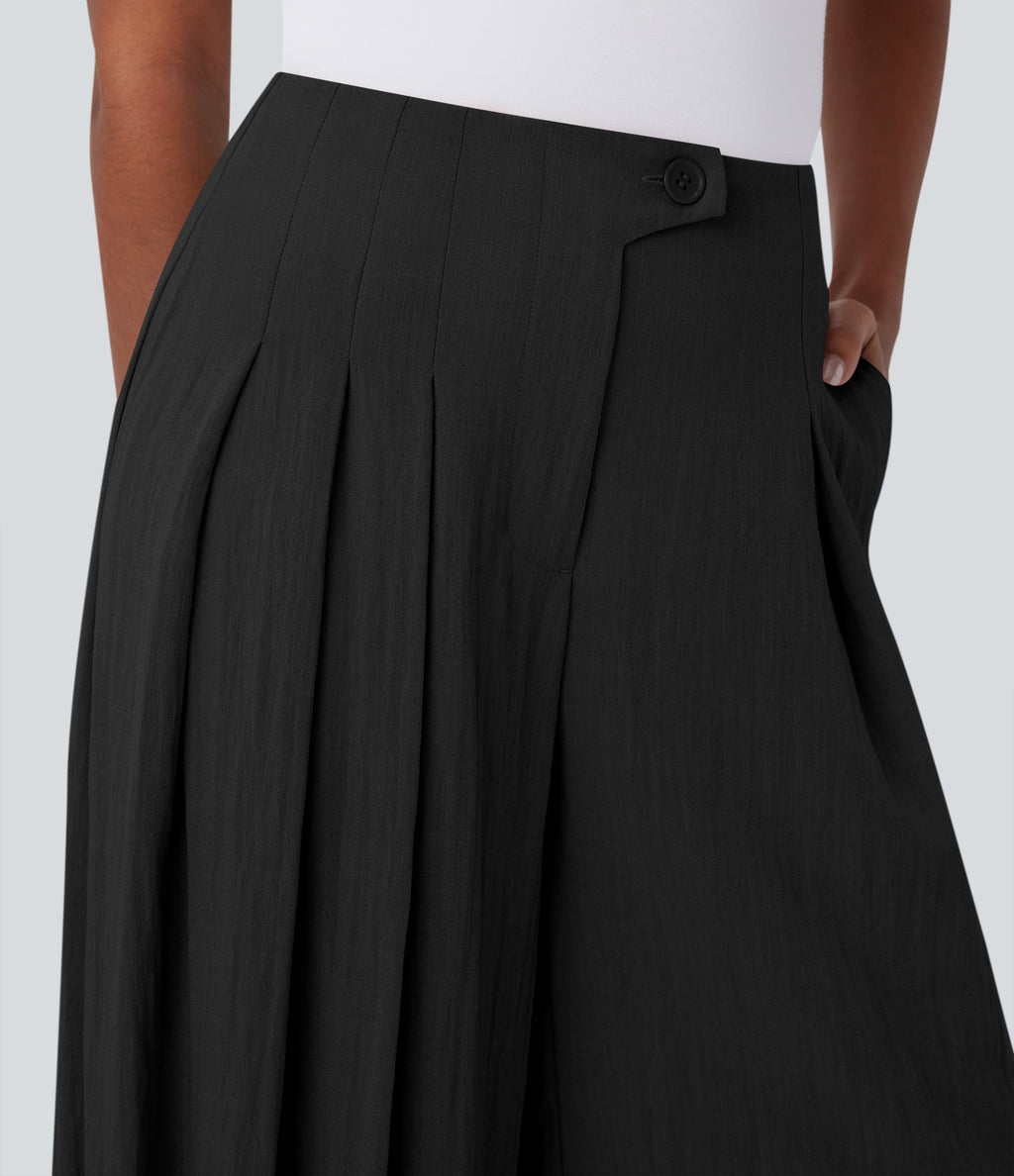 High Waisted Linen-Feel Work Wide Leg Pants with Pockets