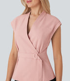 V Neck Sleeveless Wrapped Belted Work Jacket