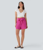 Paper Bag High Waisted Tie Front Casual Cotton Shorts with Pockets