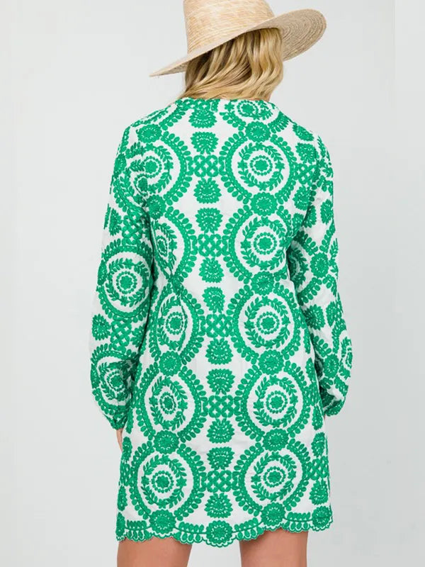 NEW🔥 Printed Lace Trim V Neck Shirt Dress