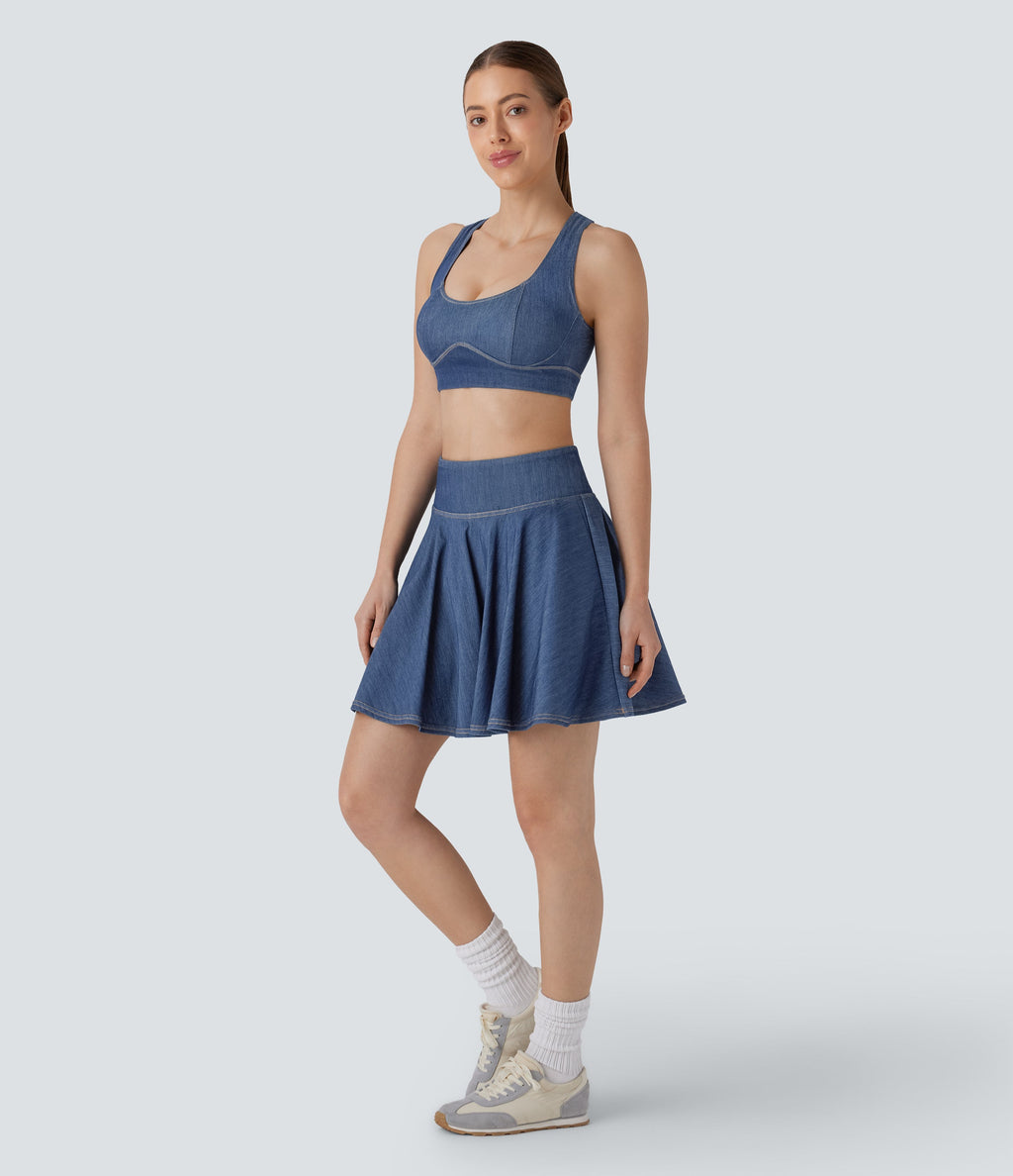FlexTM High Waisted 2-in-1 Cool Touch Washed Stretchy Knit Denim Mini Tennis Skirt with Pockets