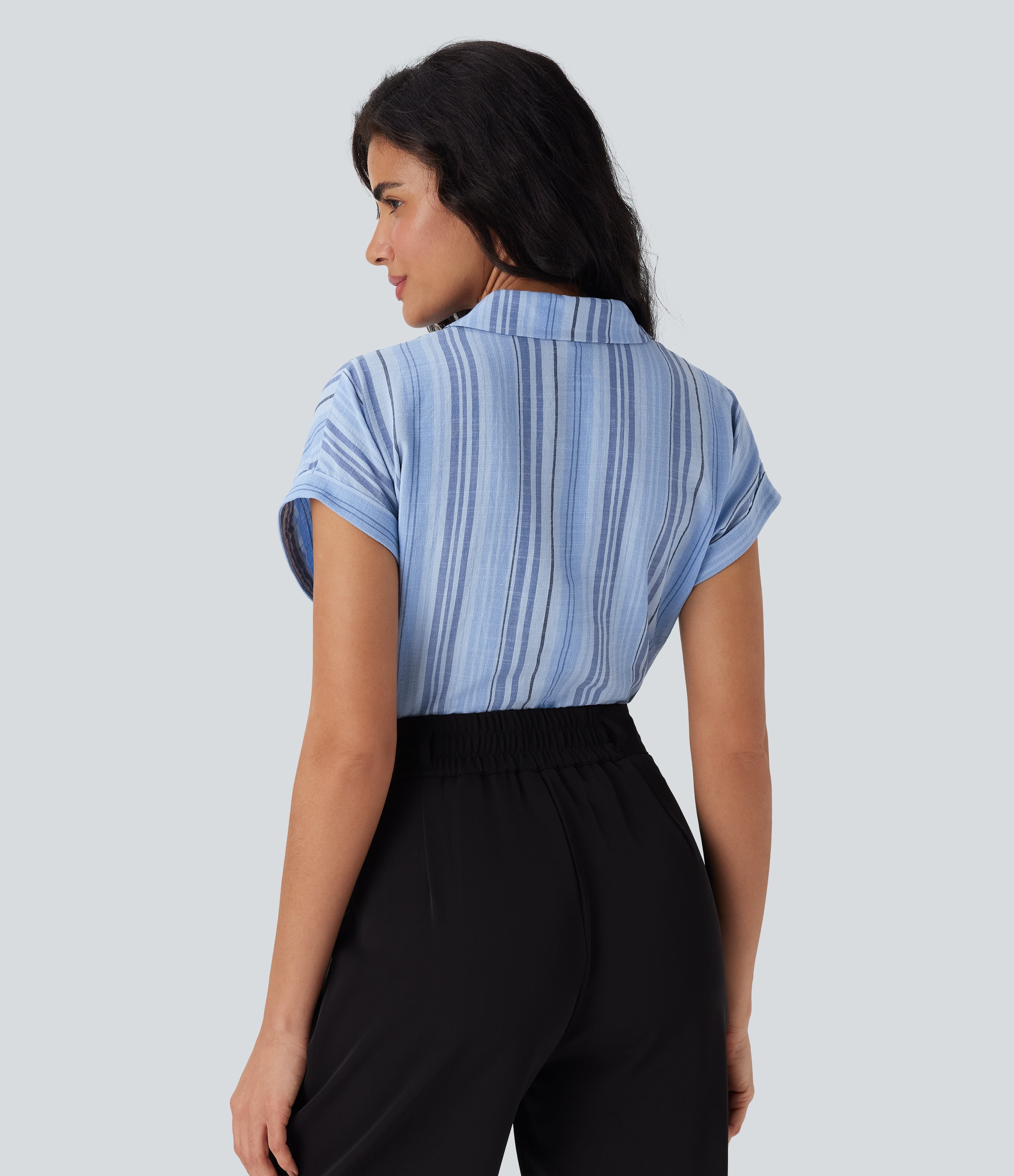 Short Sleeve Stripe Work Linen-Feel Shirt