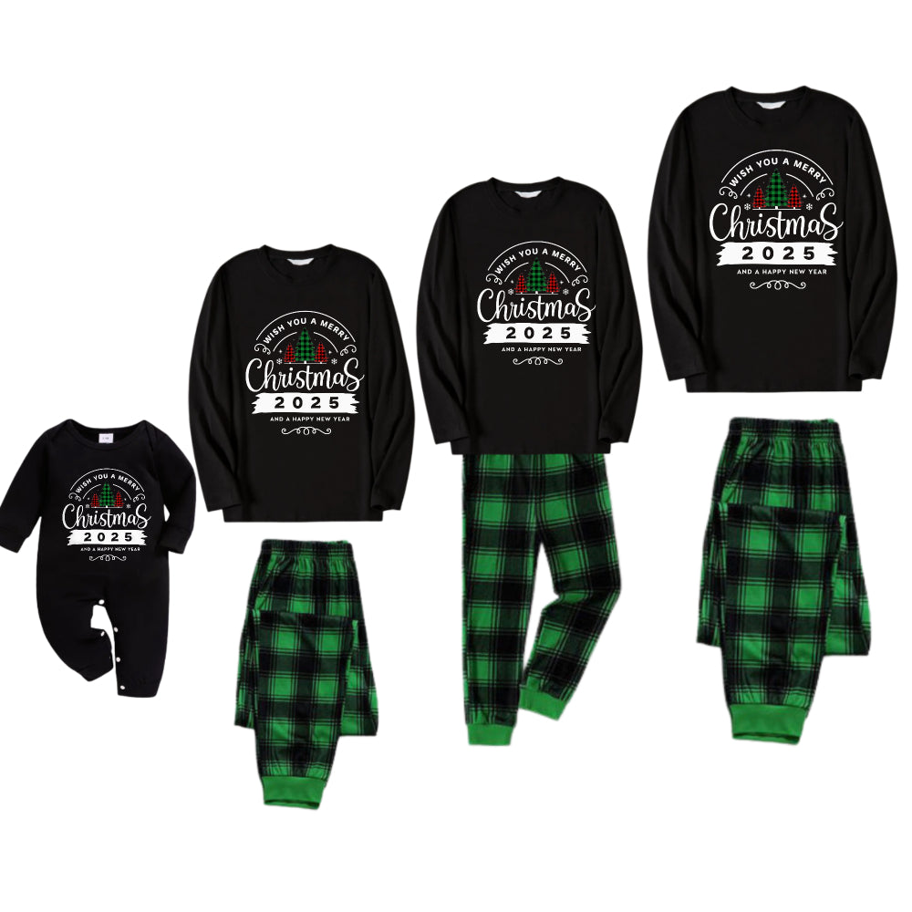 Christmas Family Matching Pajamas-Black Top and Green Plaid Pants Pjs Set with "Wish You A Merry Christmas 2025" Print