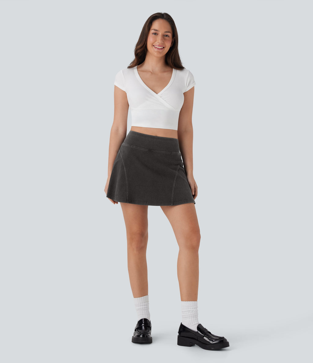 FlexTM High Waisted 2-in-1 A Line Mini Washed Denim Casual Skirt with Pockets