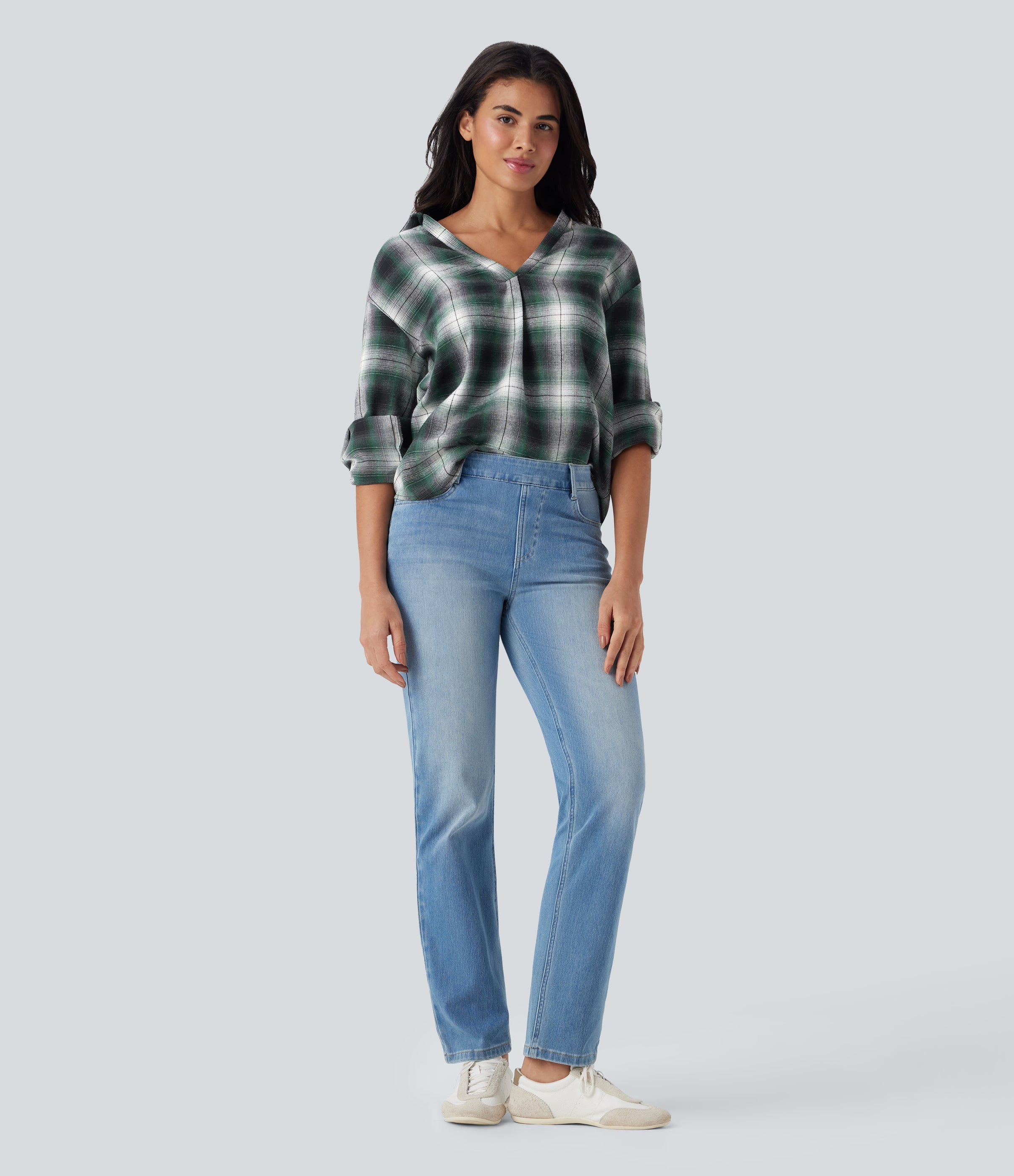 V Neck Curved Hem Plaid Casual Blouse