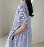 Women's Cotton Striped Shirt Dress Button Up Short Sleeve Midi Long Shift Dress with Pockets(Buy 2 free shipping)