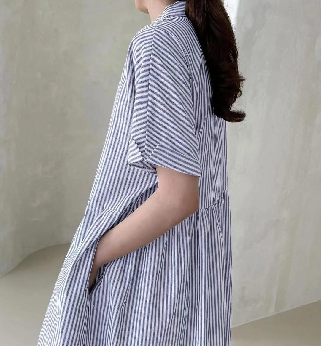 Women's Cotton Striped Shirt Dress Button Up Short Sleeve Midi Long Shift Dress with Pockets(Buy 2 free shipping)