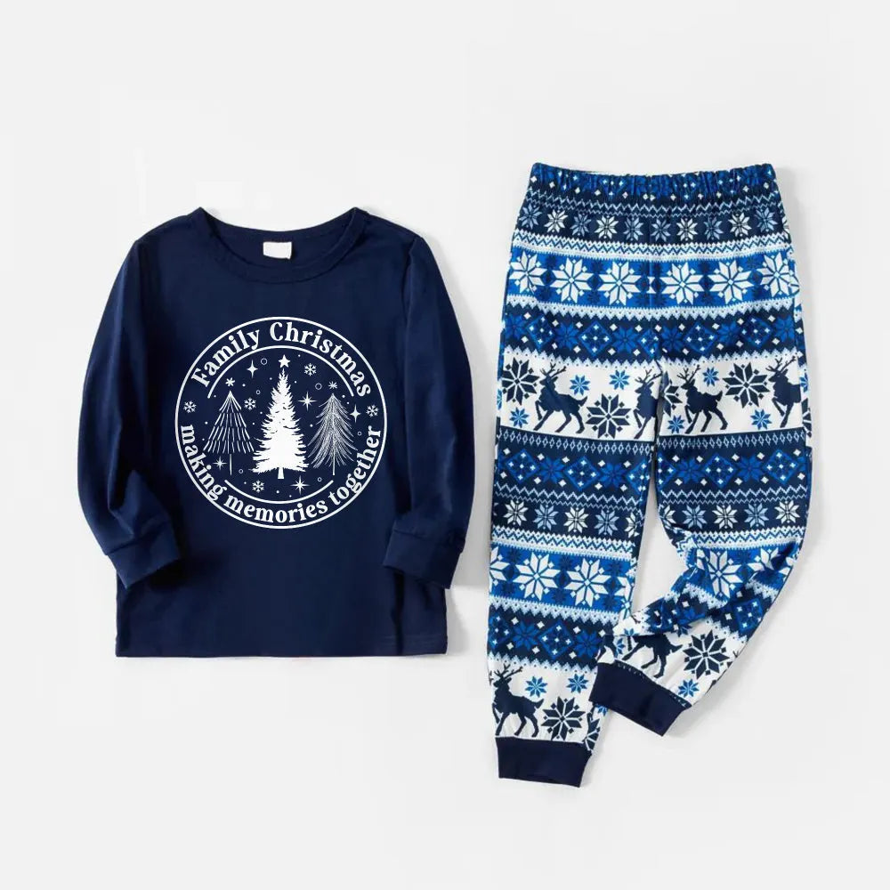Joyful Blue Christmas Pajamas Set Featuring Christmas Tree and Cheer Text Prints
