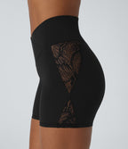 SoftlyZeroTM High Waisted Crossover Contrast Lace Built-in Underwear Yoga Biker Shorts 5'' with Pocket-UPF50+