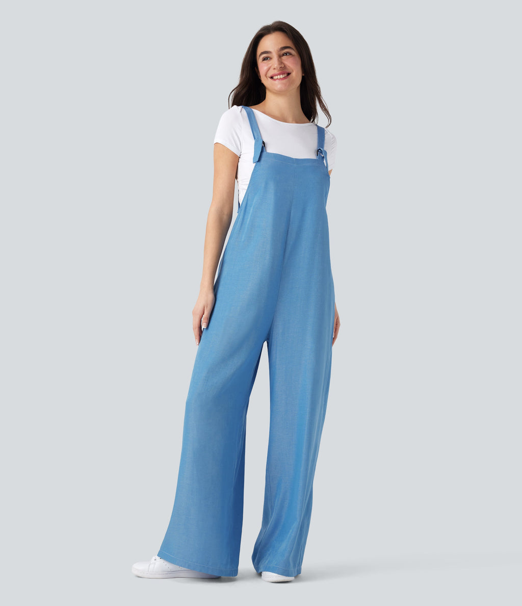 Denim Like Casual Overalls with Pockets-Front and Back Wearable