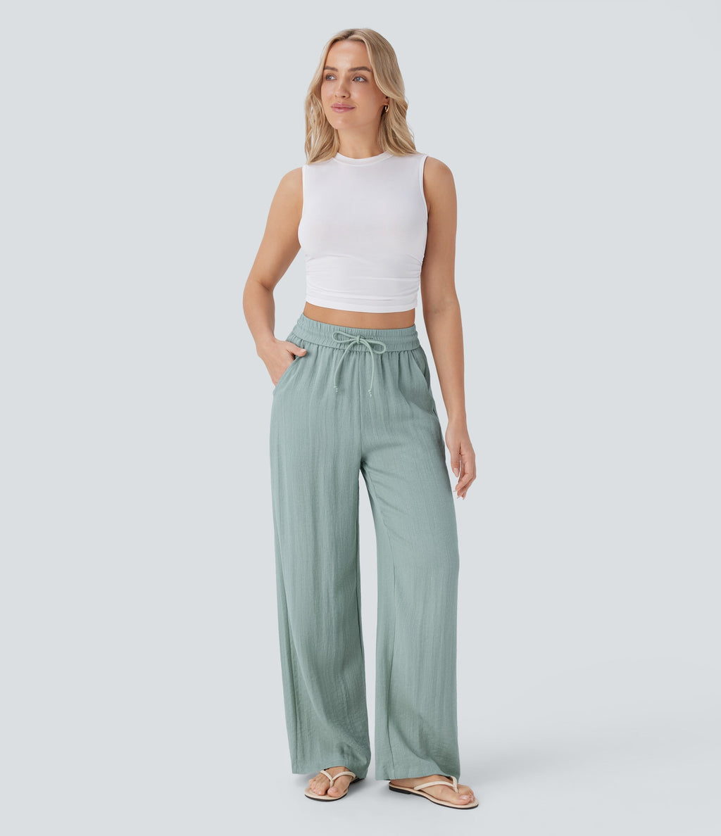 Women Summer High Waisted Drawstring Pocket Wide Leg Casual Linen-Feel Pants