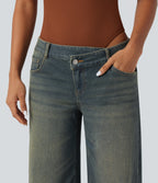 FlexTM Asymmetric Low Rise Zipper Pockets Baggy Wide Leg Washed Casual Jeans