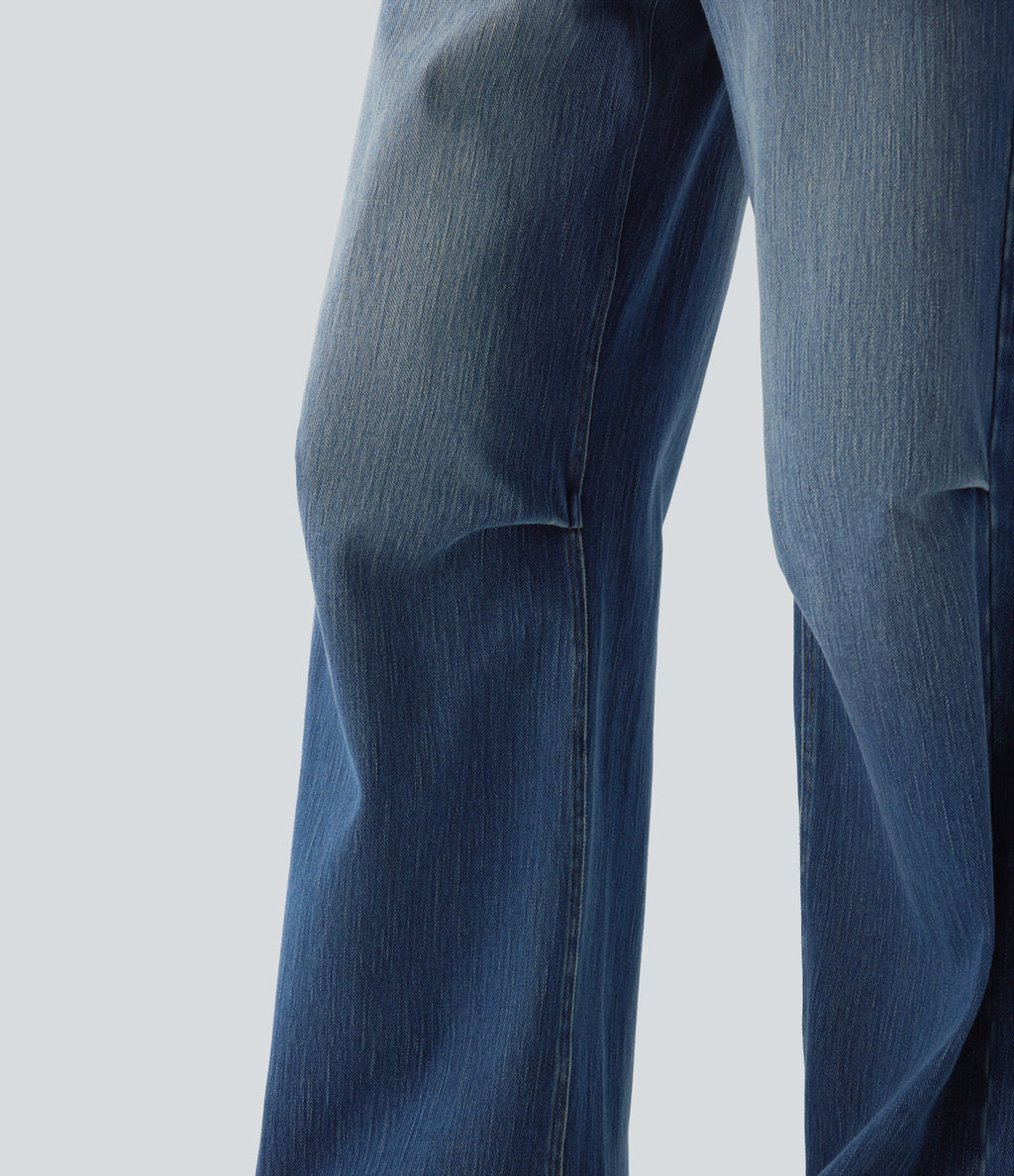 FlexTM Low Rise Wide Leg Washed Casual Jeans with Pockets