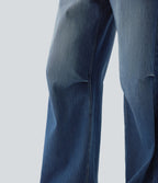 FlexTM Low Rise Wide Leg Washed Casual Jeans with Pockets