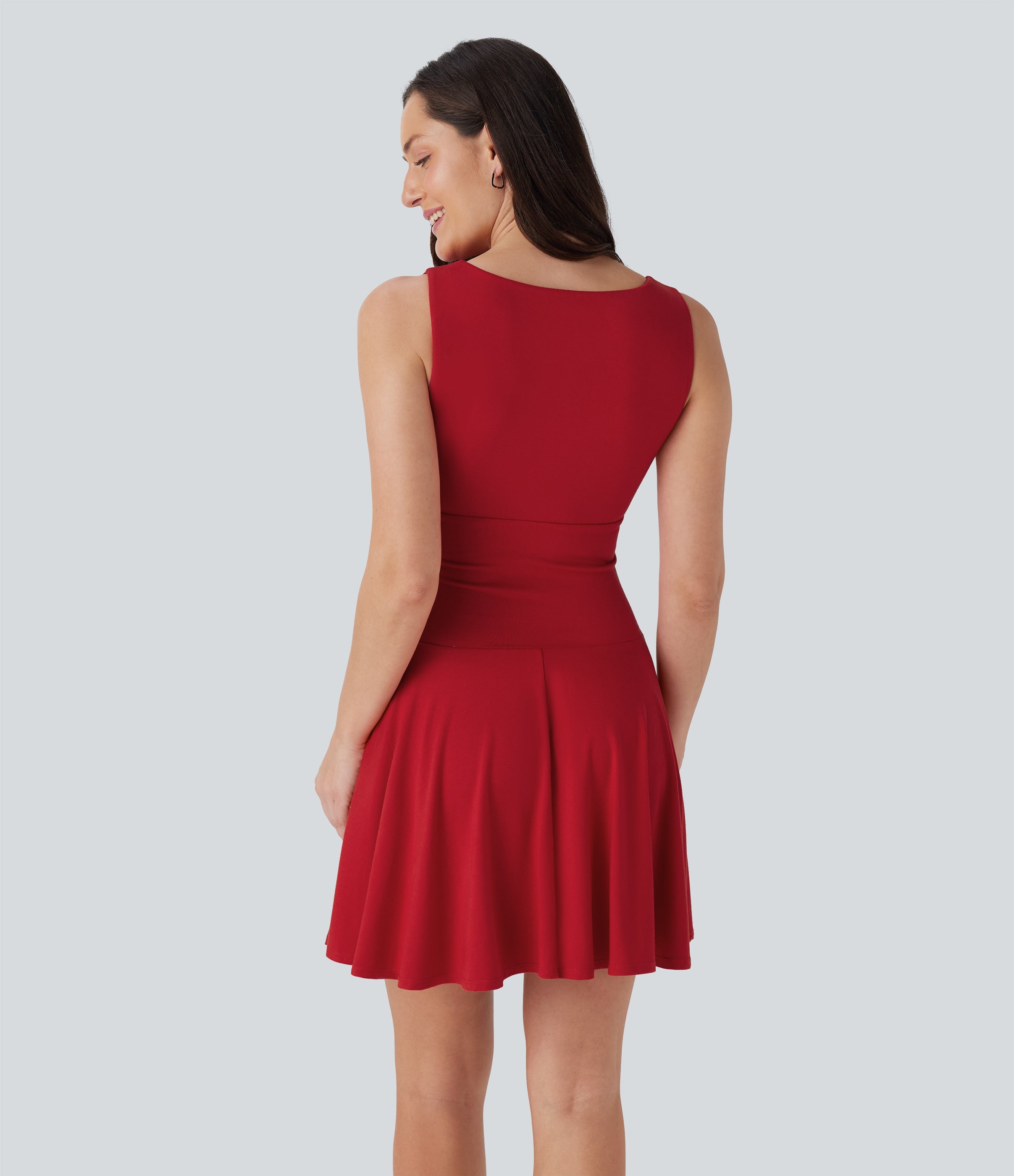 Boat Neck Sleeveless Ruched Flowy Mini Casual Dress