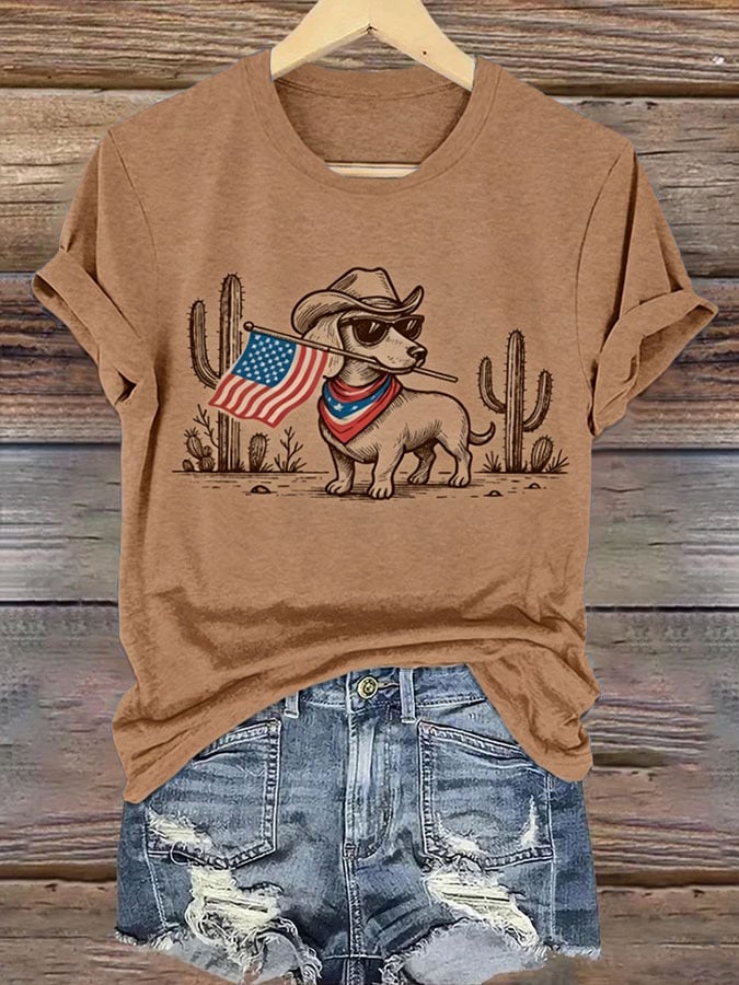 Women's Patriotic Dog Lover Printed Casual T-Shirt