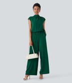 Mock Neck Keyhole Back Cap Sleeve Wide Leg Work Jumpsuit with Pockets