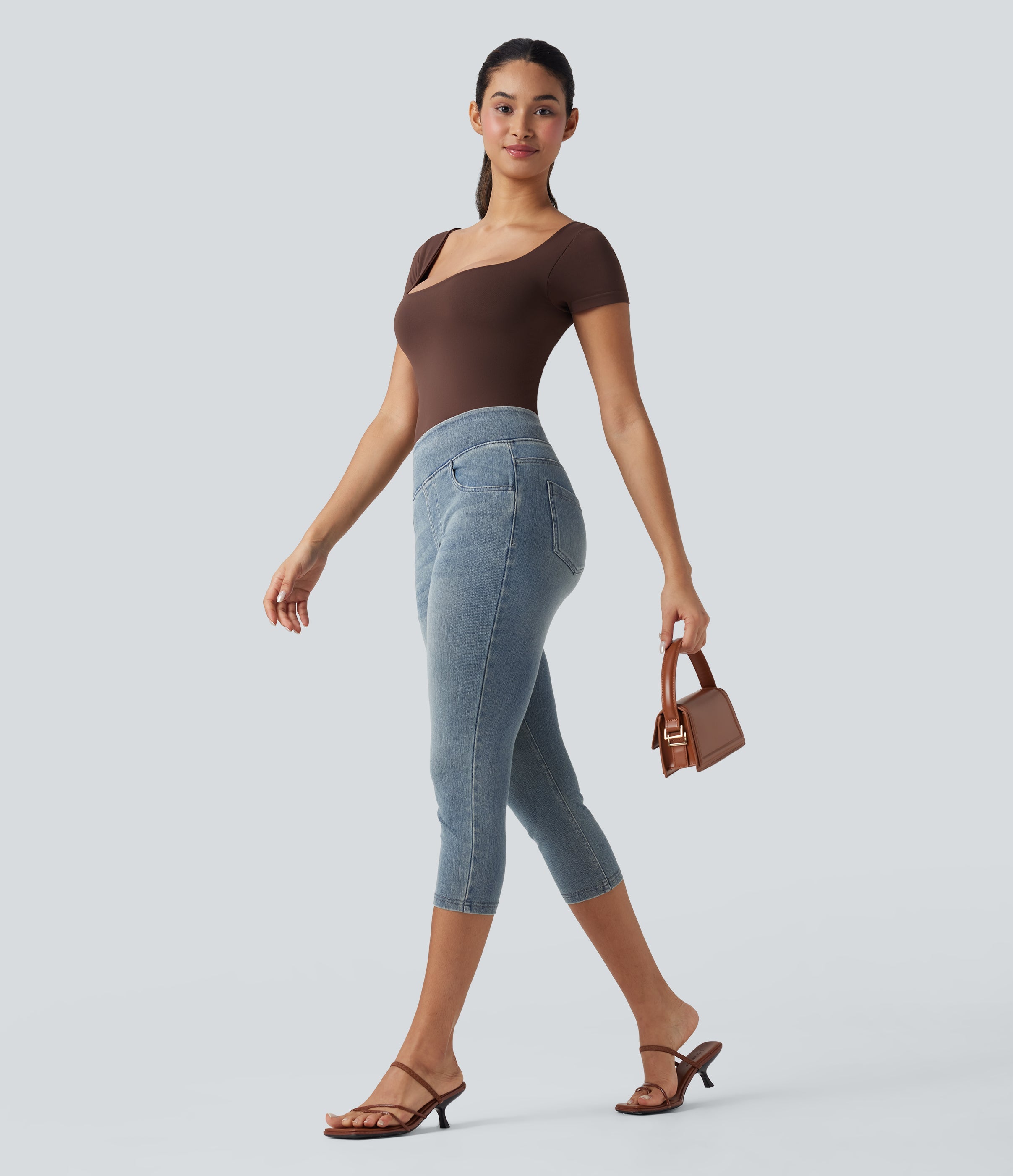 FlexTM High-Waisted Denim Casual Capri Leggings with Pockets