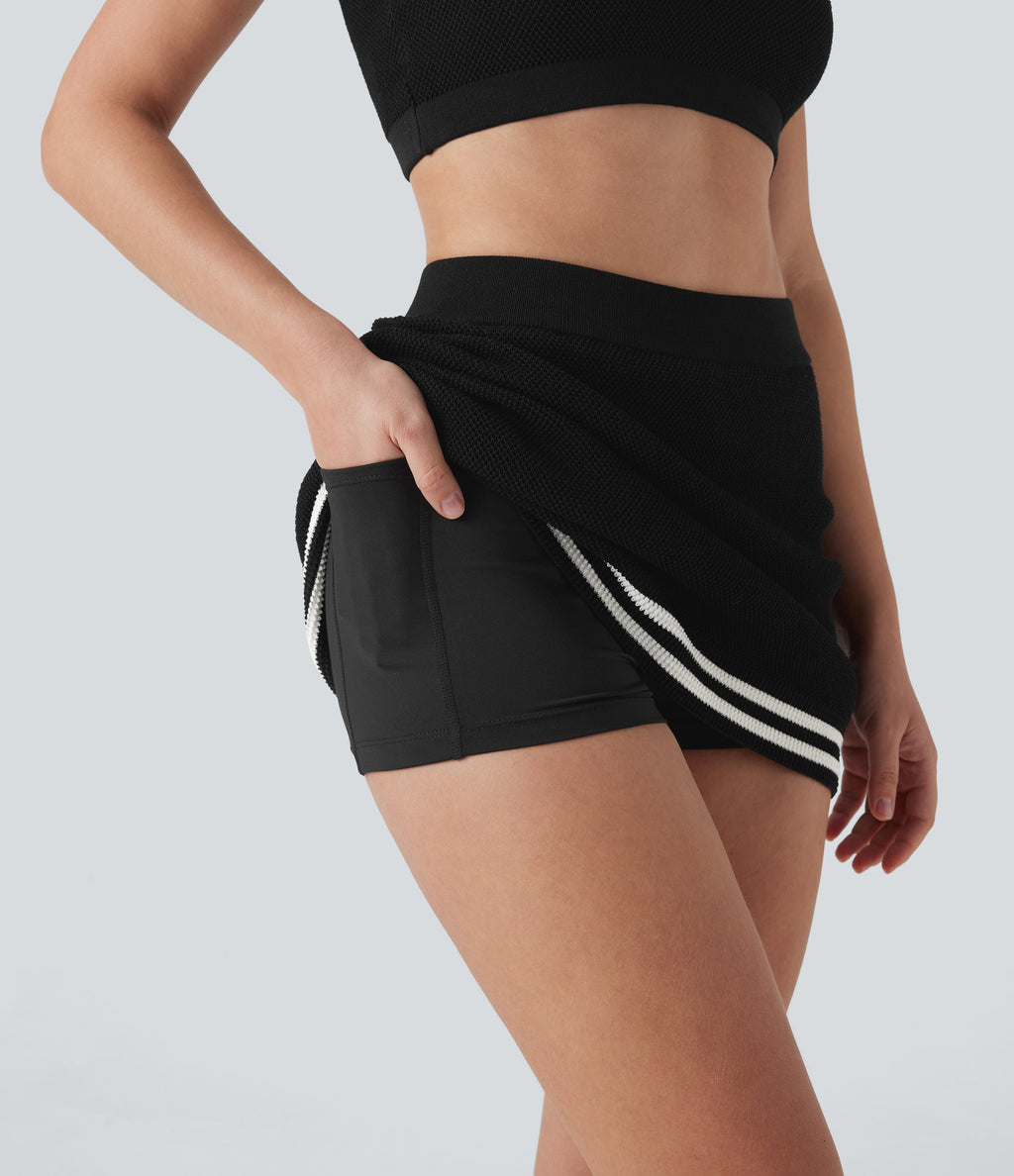 High Waisted Color Block 2-in-1 Mini Casual Sweater Knit Skirt with Pocket