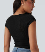 Square Neck Drawstring Eyelet Embroidery Skinny Cropped Casual Top