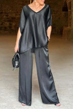 Women's V-Neck Tops Long Pants Set Casual Loose Outfit Summer Homewear Suit