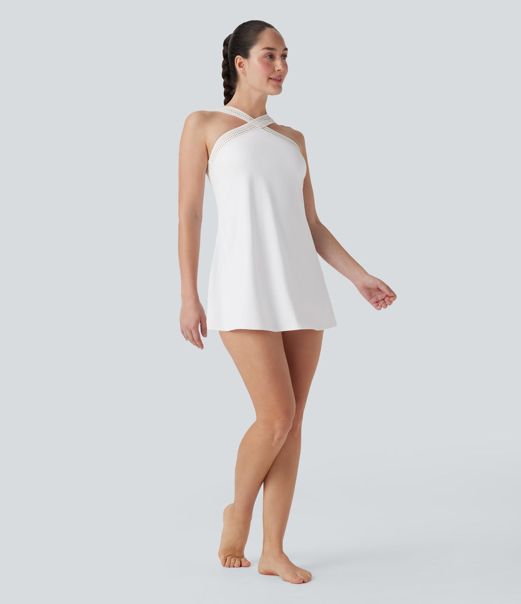 SoftlyzeroTM Airy Halter Cut Out Backless 2-in-1 Cool Touch Mini Yoga Active Dress with Side Pockets-Easy Peezy Edition-UPF50+