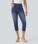 FlexTM High-Waisted Denim Casual Capri Leggings with Pockets
