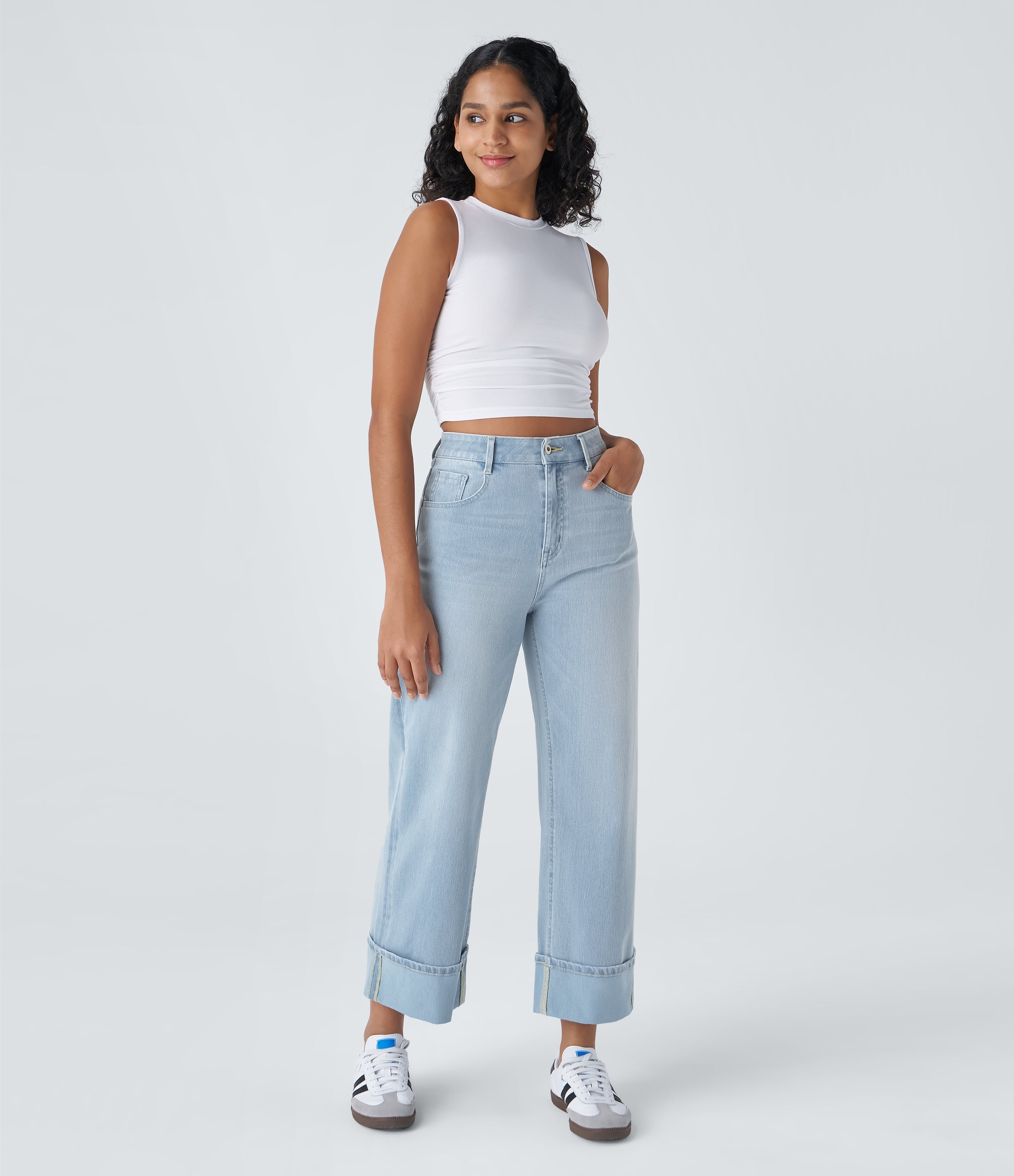 FlexTM High Waisted Multiple Pockets Rolled Hem Wide Leg Washed Stretchy Knit Casual Jeans