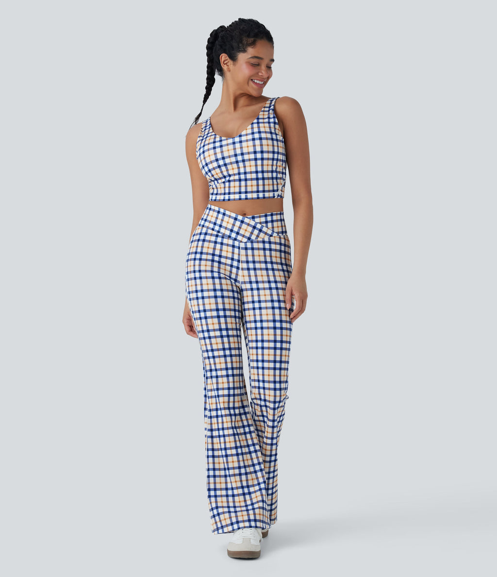 Crossover High Waisted Plaid Cool Touch Yoga Flare Leggings with Pocket