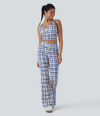 Crossover High Waisted Plaid Cool Touch Yoga Flare Leggings with Pocket