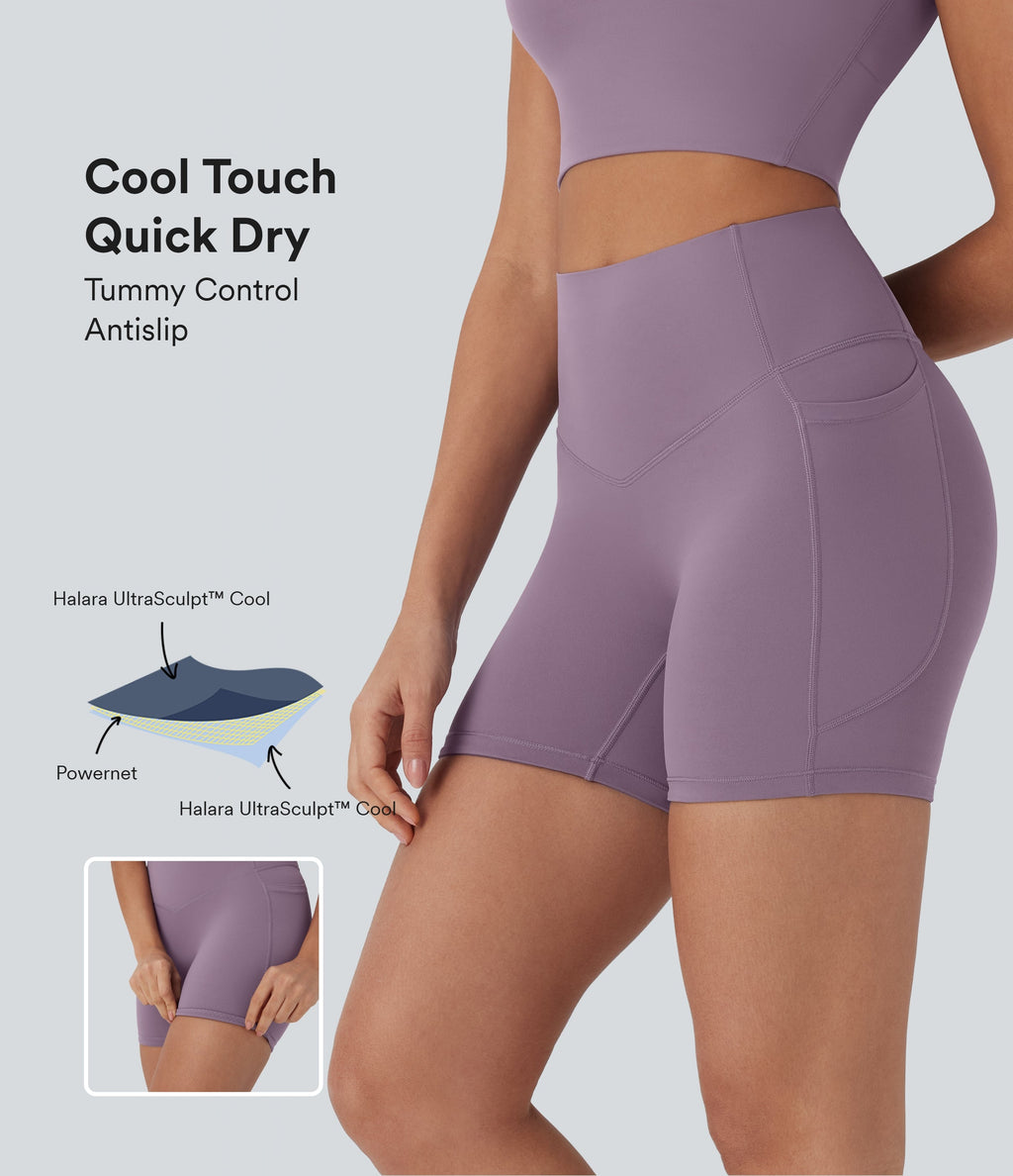 UltraSculptTM Cool Quick Dry SoCinched High Waisted Tummy Control Shaping Yoga Biker Shorts 5'' with Pockets-UPF50+