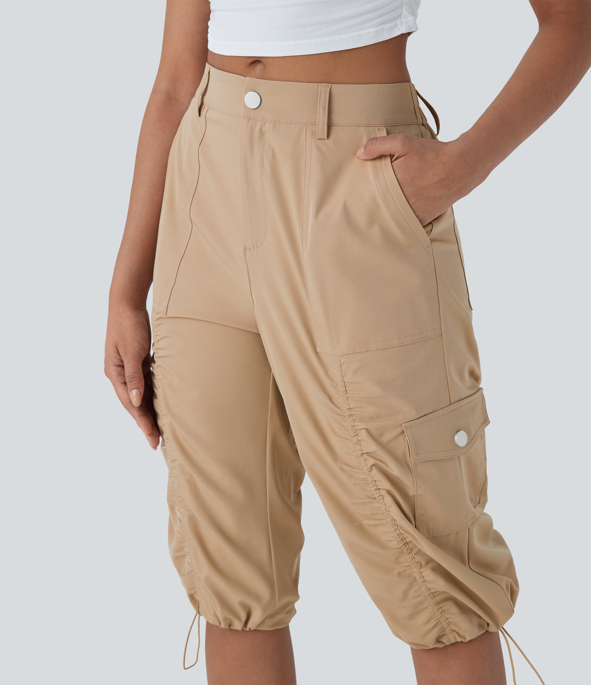Mid-Rise Ruched Cargo Quick-Dry Casual Pedal Pusher Pants with Pockets