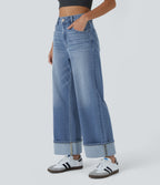 FlexTM High Waisted Multiple Pockets Rolled Hem Wide Leg Washed Stretchy Knit Casual Jeans