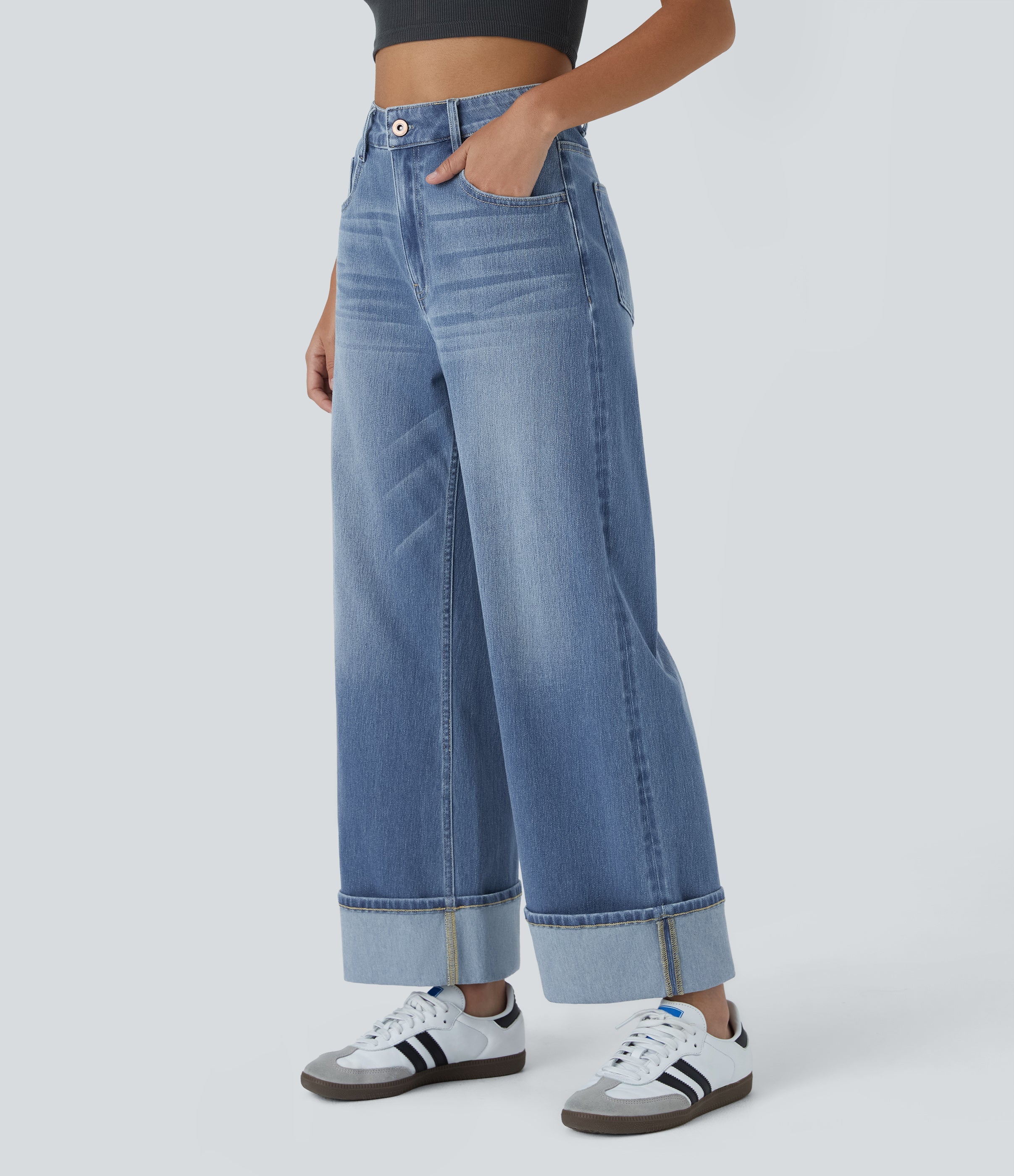 FlexTM High Waisted Multiple Pockets Rolled Hem Wide Leg Washed Stretchy Knit Casual Jeans