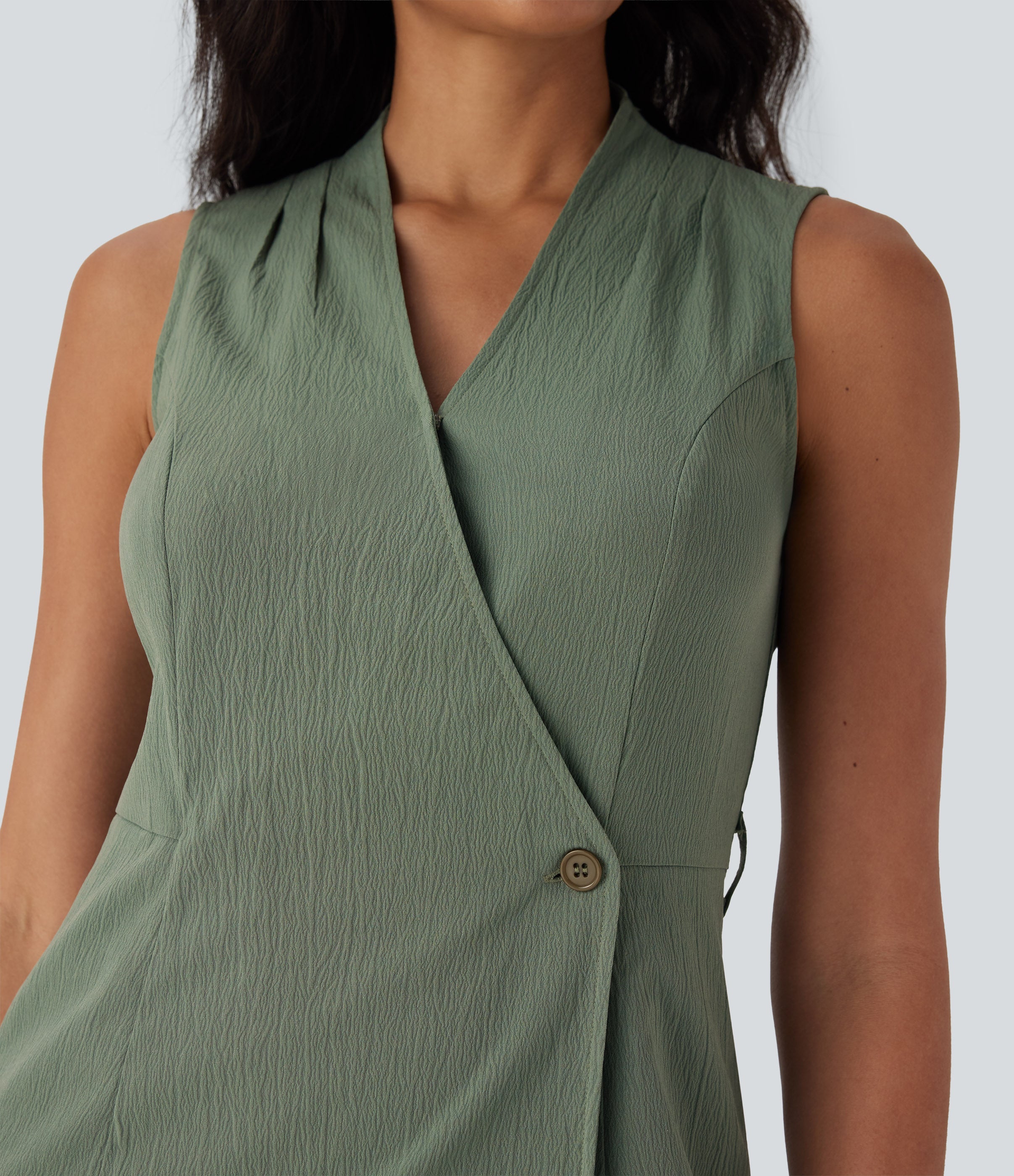 Anti-wrinkle V Neck Sleeveless Wrapped Belted Midi Travel Dress with Pockets