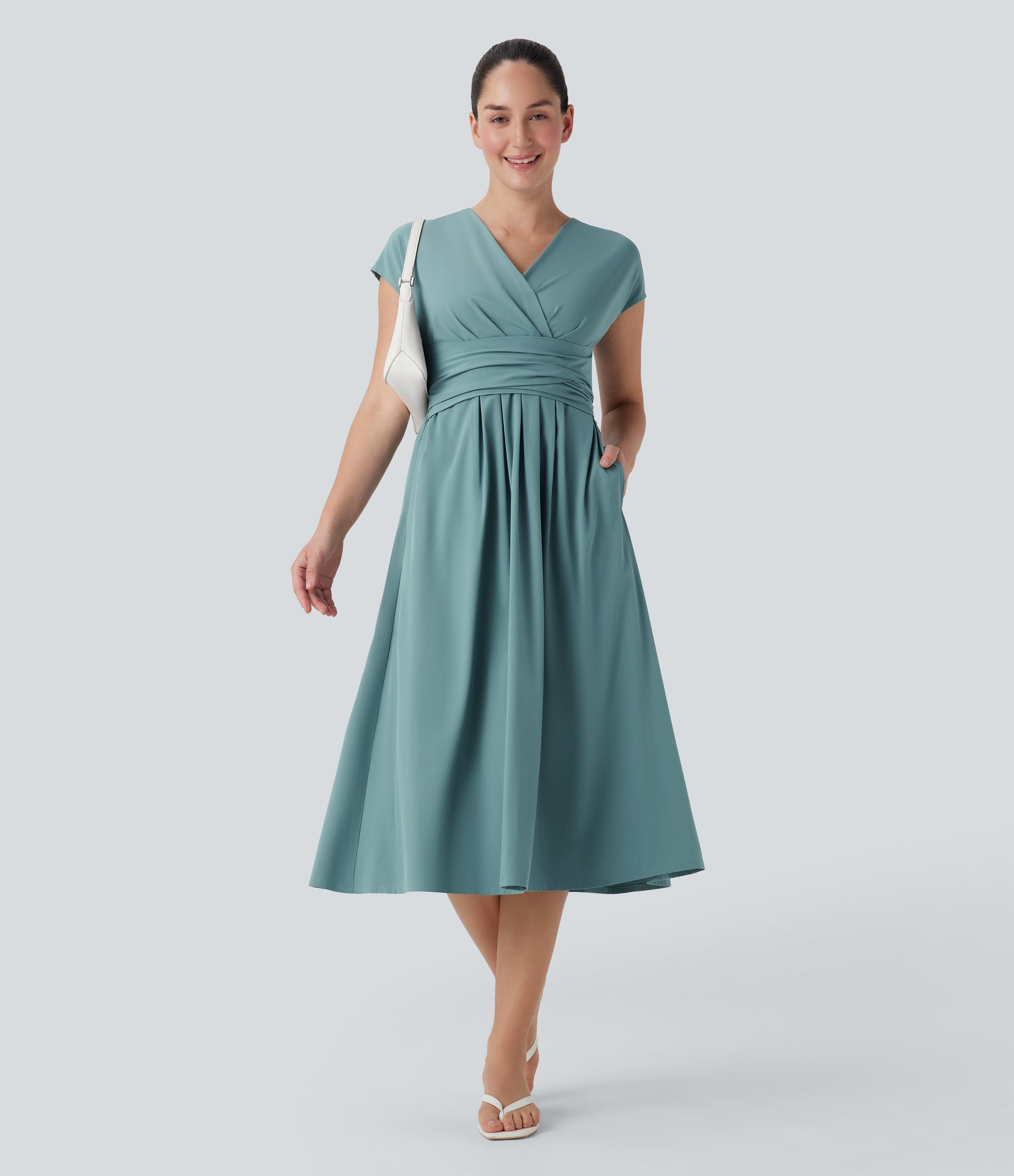 BreezefulTM V Neck Short Sleeve Pocket Tie Back Quick Dry Midi Casual Dress