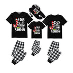 Jesus Is The Reason For The Season Family Christmas Pajamas Set - Black Top Black and White Plaid Pants White Graphic Text